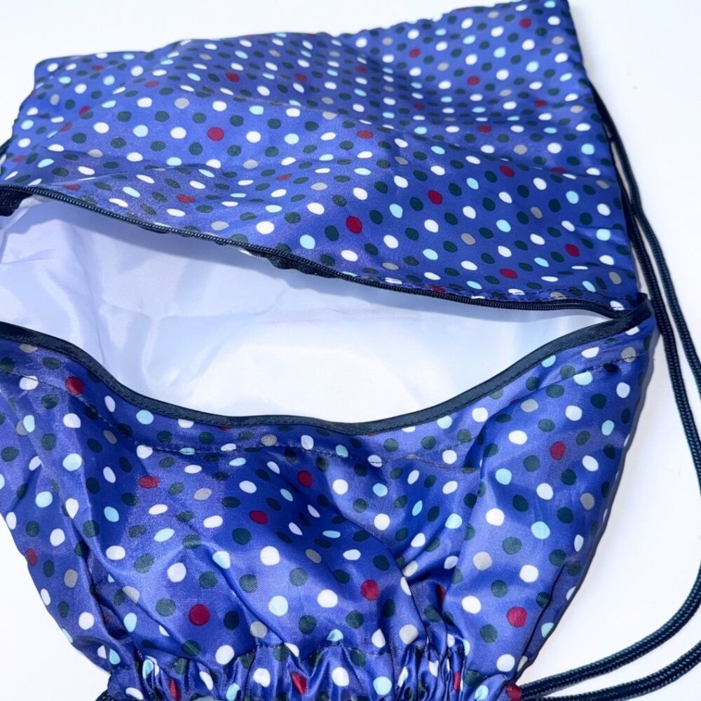 Thirty One Cinch Sac Playful Pop Polka Dot Navy Blue Drawstring Backpack - Picture 5 of 9